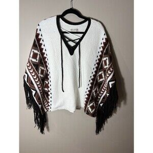 Idyllwind Miranda Lambert Poncho Sweater Southwest Geometric Fringe Tan Large